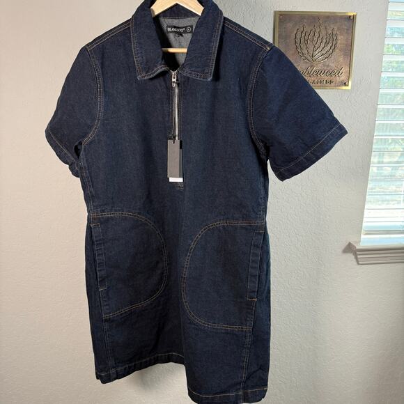Women's Blank NYC Denim Blue Jean Short Sleeve Zip Front Dress Size XL NEW - Picture 2 of 8